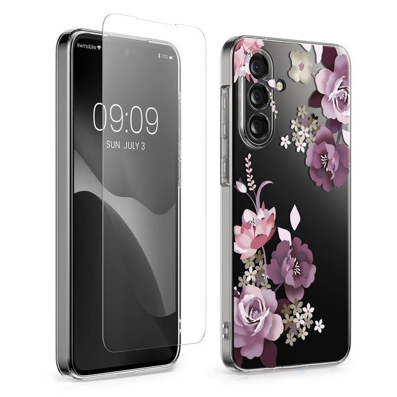 kwmobile Hülle kompatibel mit Samsung Galaxy A36 5G Handyhülle - Silikon Case transparent - Mit Glas Schutzfolie - Blumenblüten und Rosen Pastelllila Transparent Pastelllila  [dsg01]