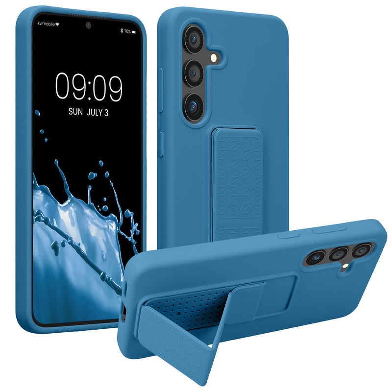 kwmobile Handyhülle kompatibel mit Samsung Galaxy S24 - Hülle mit Fingerhalter und Standfunktion - Silikon Case Handy Cover in Karibikblau Karibikblau  