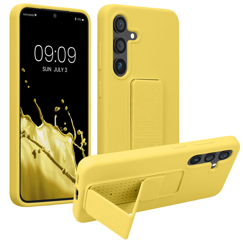 kwmobile Handyhülle kompatibel mit Samsung Galaxy S24 - Hülle mit Fingerhalter und Standfunktion - Silikon Case Handy Cover in Strahlend Gelb Strahlend Gelb  