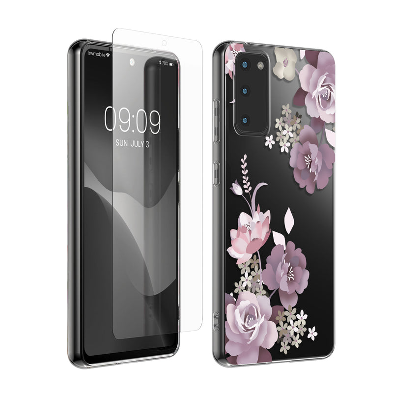 kwmobile Hülle kompatibel mit Samsung Galaxy S20 FE Handyhülle - Silikon Case transparent - Mit Glas Schutzfolie - Blumenblüten und Rosen Pastelllila Transparent Pastelllila  [dsg01]