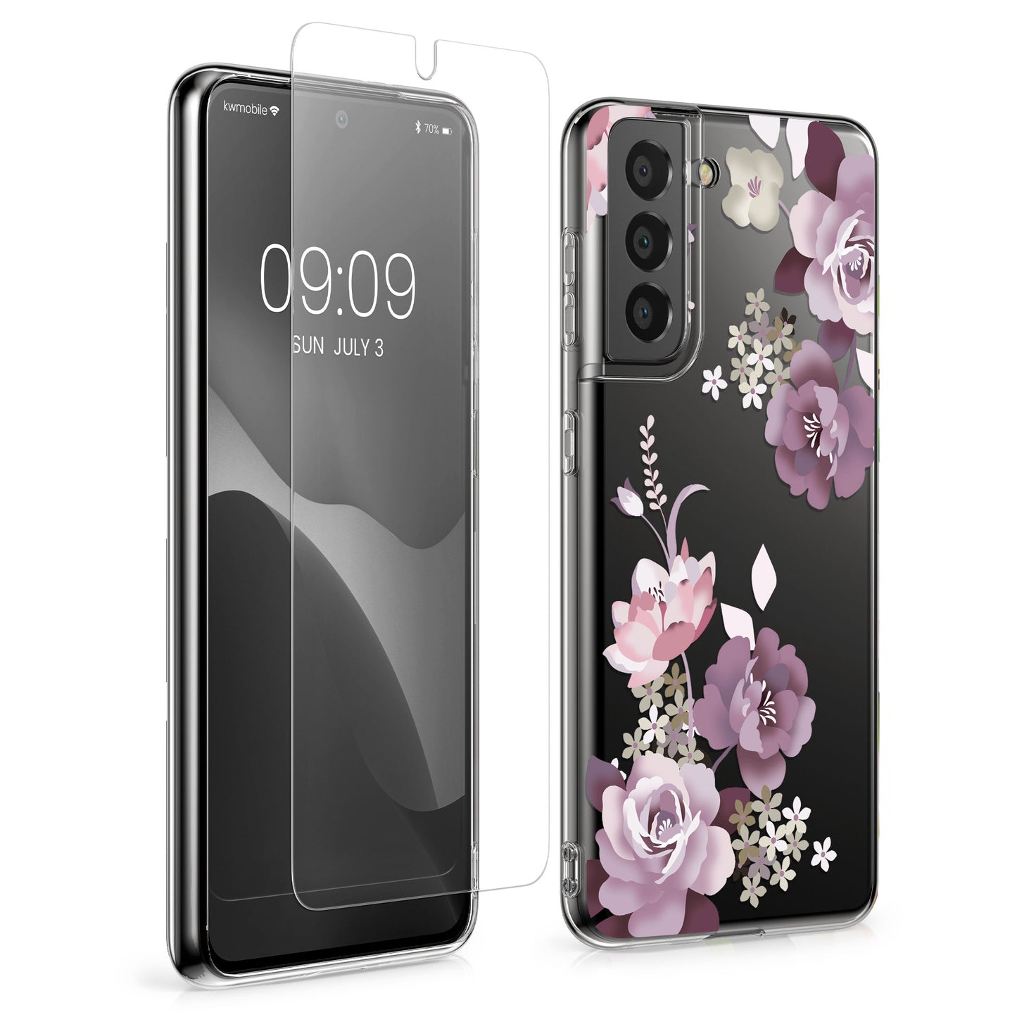 kwmobile Hülle kompatibel mit Samsung Galaxy S21 Handyhülle - Silikon Case transparent - Mit Glas Schutzfolie - Blumenblüten und Rosen Pastelllila Transparent Pastelllila  [dsg01]
