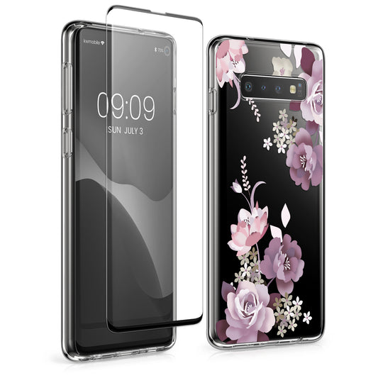 kwmobile Hülle kompatibel mit Samsung Galaxy S10 Handyhülle - Silikon Case transparent - Mit Glas Schutzfolie - Blumenblüten und Rosen Pastelllila Transparent Pastelllila  [dsg01]