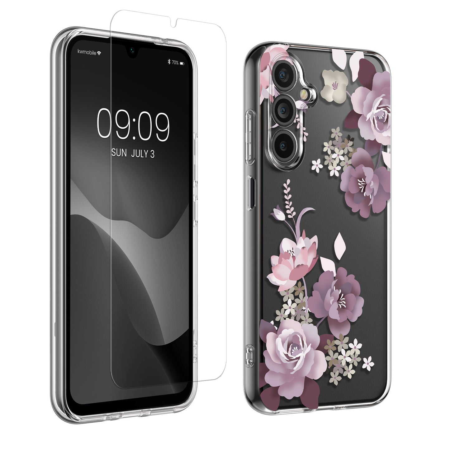 kwmobile Hülle kompatibel mit Samsung Galaxy A16 5G Handyhülle - Silikon Case transparent - Mit Glas Schutzfolie - Blumenblüten und Rosen Pastelllila Transparent Pastelllila  [dsg01]