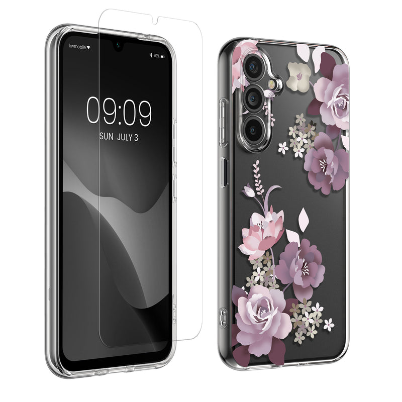 kwmobile Hülle kompatibel mit Samsung Galaxy A16 5G Handyhülle - Silikon Case transparent - Mit Glas Schutzfolie - Blumenblüten und Rosen Pastelllila Transparent Pastelllila  [dsg01]
