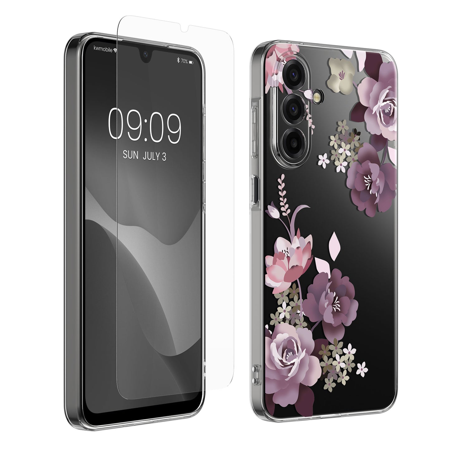 kwmobile Hülle kompatibel mit Samsung Galaxy A17 4G / 5G Handyhülle - Silikon Case transparent - Mit Glas Schutzfolie - Blumenblüten und Rosen Pastelllila Transparent Pastelllila  [dsg01]