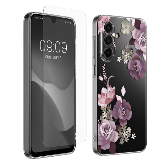 kwmobile Hülle kompatibel mit Samsung Galaxy A17 4G / 5G Handyhülle - Silikon Case transparent - Mit Glas Schutzfolie - Blumenblüten und Rosen Pastelllila Transparent Pastelllila  [dsg01]