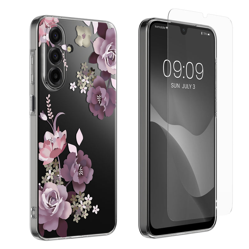 kwmobile Case Compatible with Samsung Galaxy A17 4G / 5G - Silicone Case Transparent - with Glass Screen Protector - Floral Blossoms and Roses Transparent