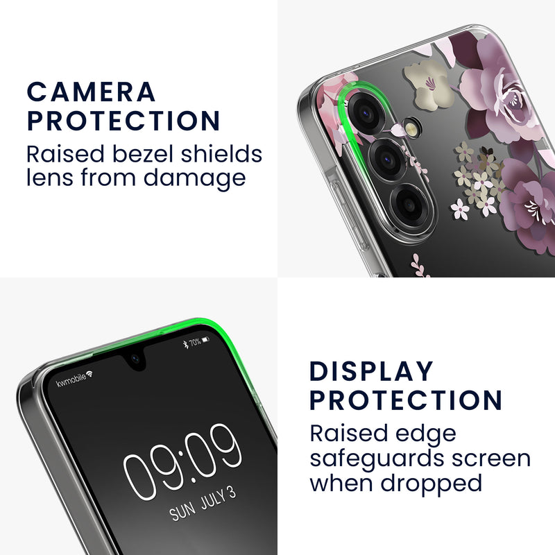 kwmobile Case Compatible with Samsung Galaxy A17 4G / 5G - Silicone Case Transparent - with Glass Screen Protector - Floral Blossoms and Roses Transparent