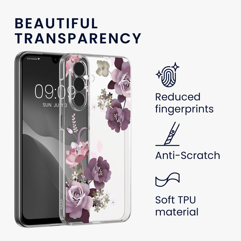 kwmobile Case Compatible with Samsung Galaxy A17 4G / 5G - Silicone Case Transparent - with Glass Screen Protector - Floral Blossoms and Roses Transparent