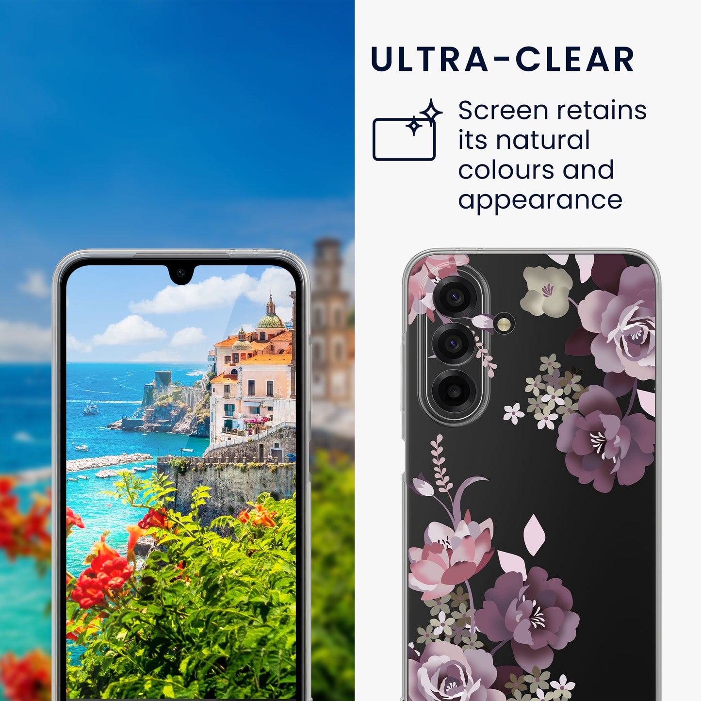 kwmobile Case Compatible with Samsung Galaxy A17 4G / 5G - Silicone Case Transparent - with Glass Screen Protector - Floral Blossoms and Roses Transparent