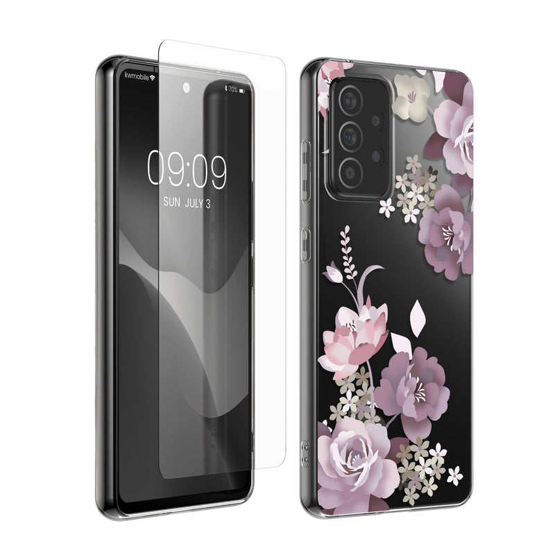 kwmobile Hülle kompatibel mit Samsung Galaxy A52 / A52 5G / A52s 5G Handyhülle - Silikon Case transparent - Mit Glas Schutzfolie - Blumenblüten und Rosen Pastelllila Transparent Pastelllila  [dsg01]