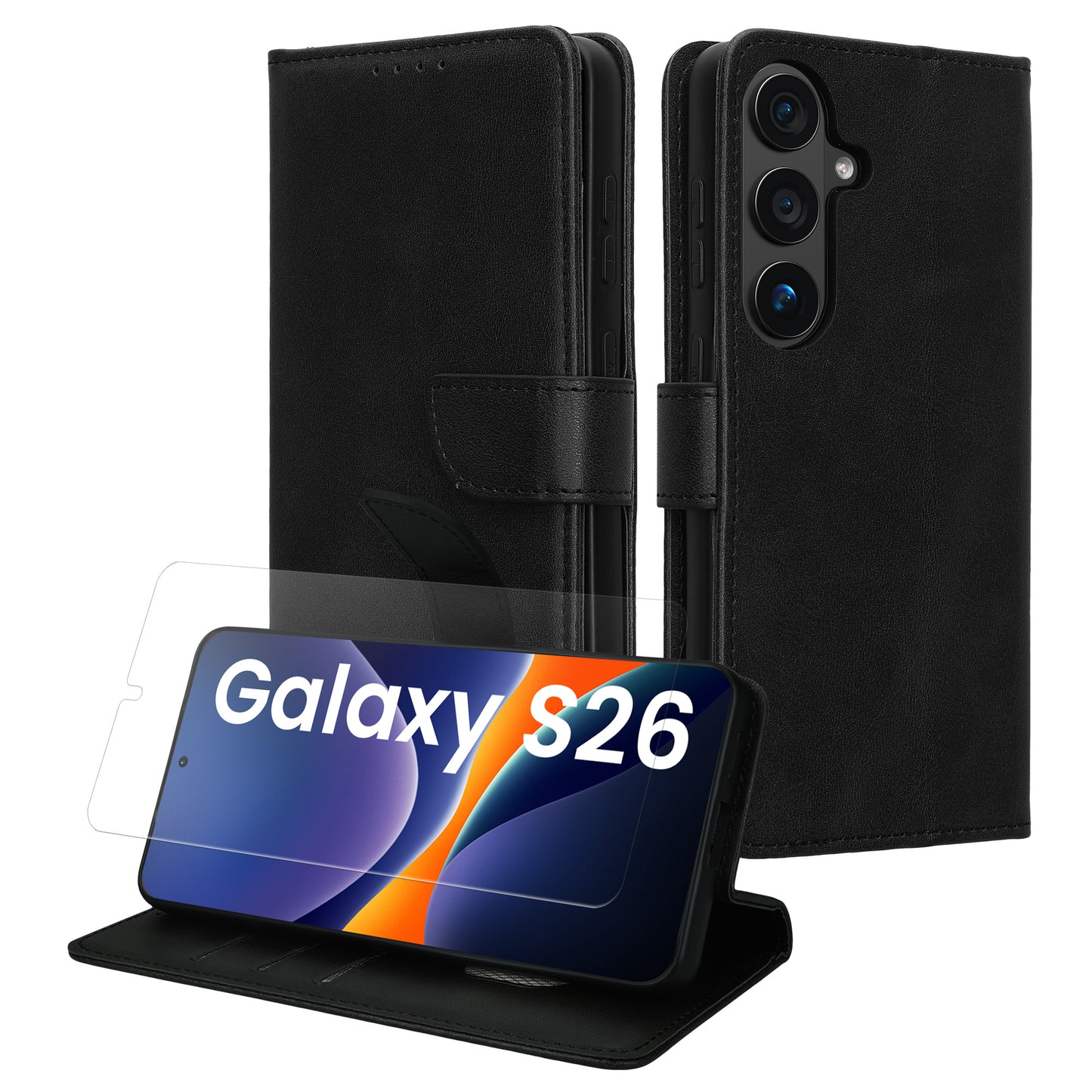 kwmobile Kunstleder Handyhülle kompatibel mit Samsung Galaxy S26 Hülle - Brieftaschen Schutzhülle aus PU-Leder mit Displayschutz und RFID-Schutz - Schwarz Schwarz  