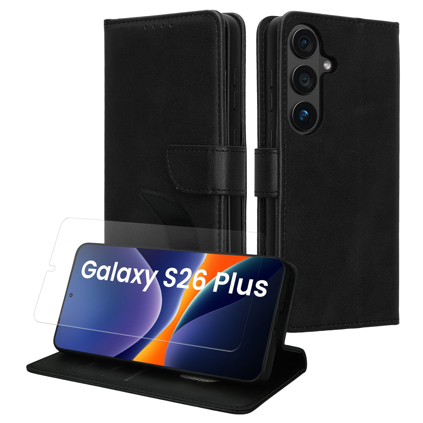 kwmobile Kunstleder Handyhülle kompatibel mit Samsung Galaxy S26 Plus Hülle - Brieftaschen Schutzhülle aus PU-Leder mit Displayschutz und RFID-Schutz - Schwarz Schwarz  