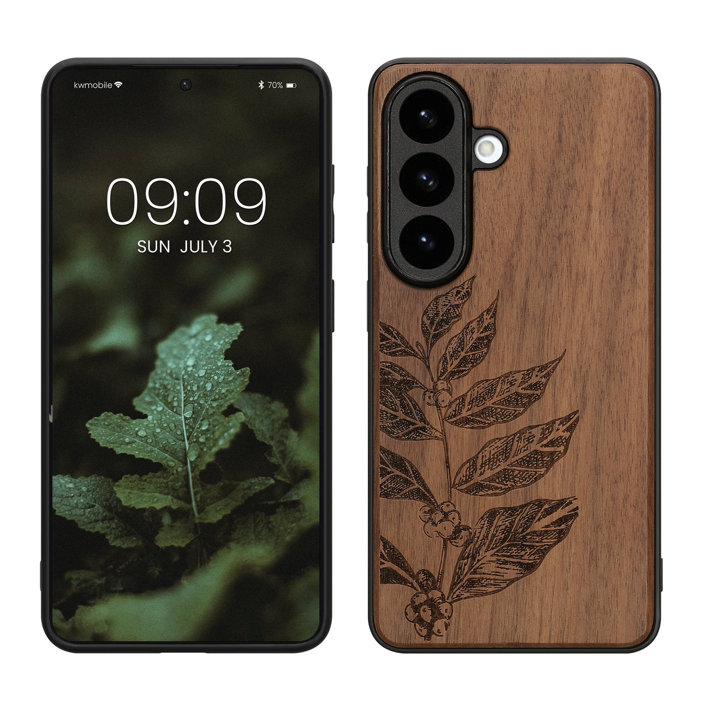 kwmobile Hülle kompatibel mit Samsung Galaxy S26 Hülle - Holz Case - Handy Cover - TPU Handyhülle in Dunkelbraun Blätterzweig Dunkelbraun  [dsg03]
