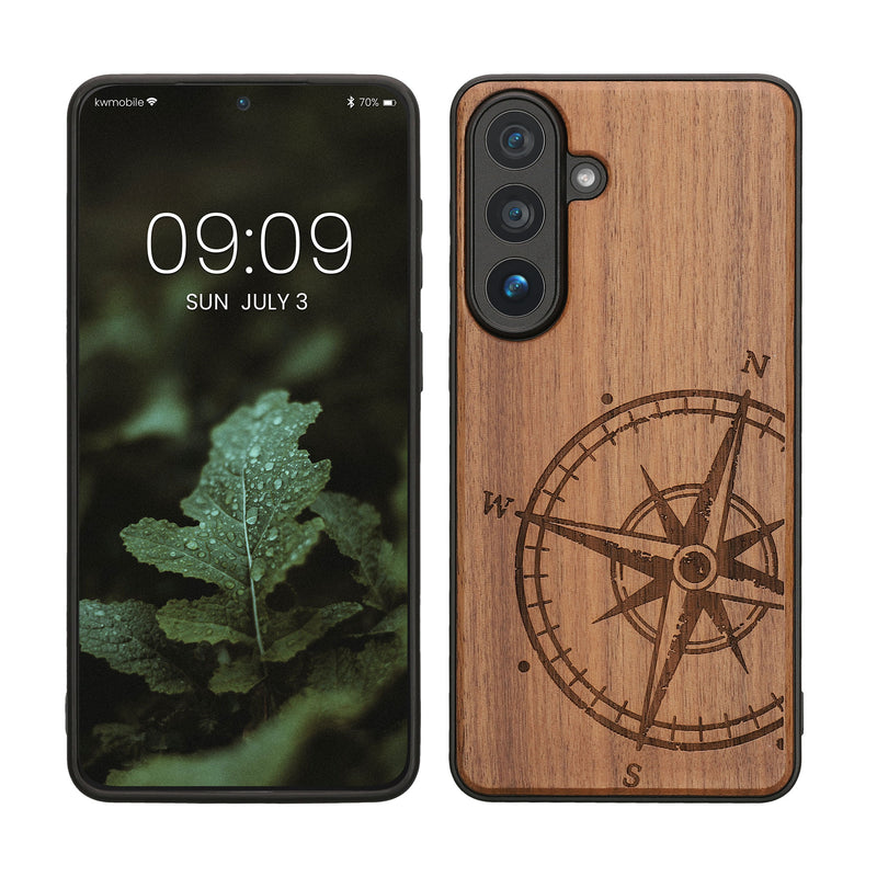 kwmobile Hülle kompatibel mit Samsung Galaxy S26 Plus Hülle - Holz Case - Handy Cover - TPU Handyhülle in Dunkelbraun Kompass Vintage Dunkelbraun  [dsg01]