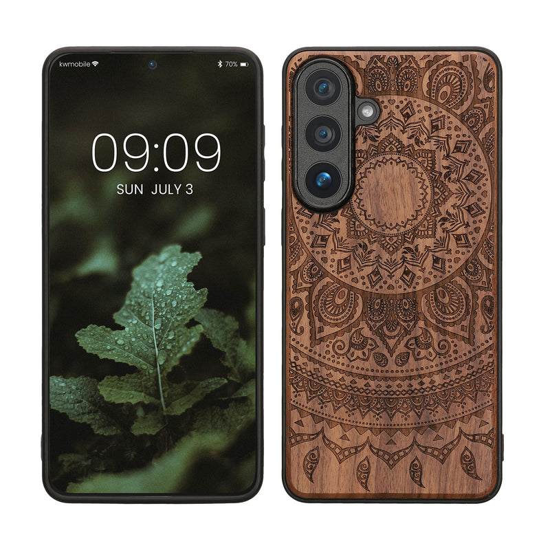 kwmobile Hülle kompatibel mit Samsung Galaxy S26 Plus Hülle - Holz Case - Handy Cover - TPU Handyhülle in Dunkelbraun Indische Sonne Dunkelbraun  [dsg02]