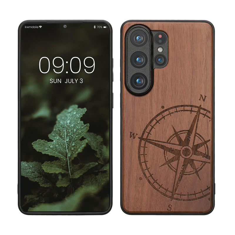 kwmobile Hülle kompatibel mit Samsung Galaxy S26 Ultra Hülle - Holz Case - Handy Cover - TPU Handyhülle in Dunkelbraun Kompass Vintage Dunkelbraun  [dsg01]