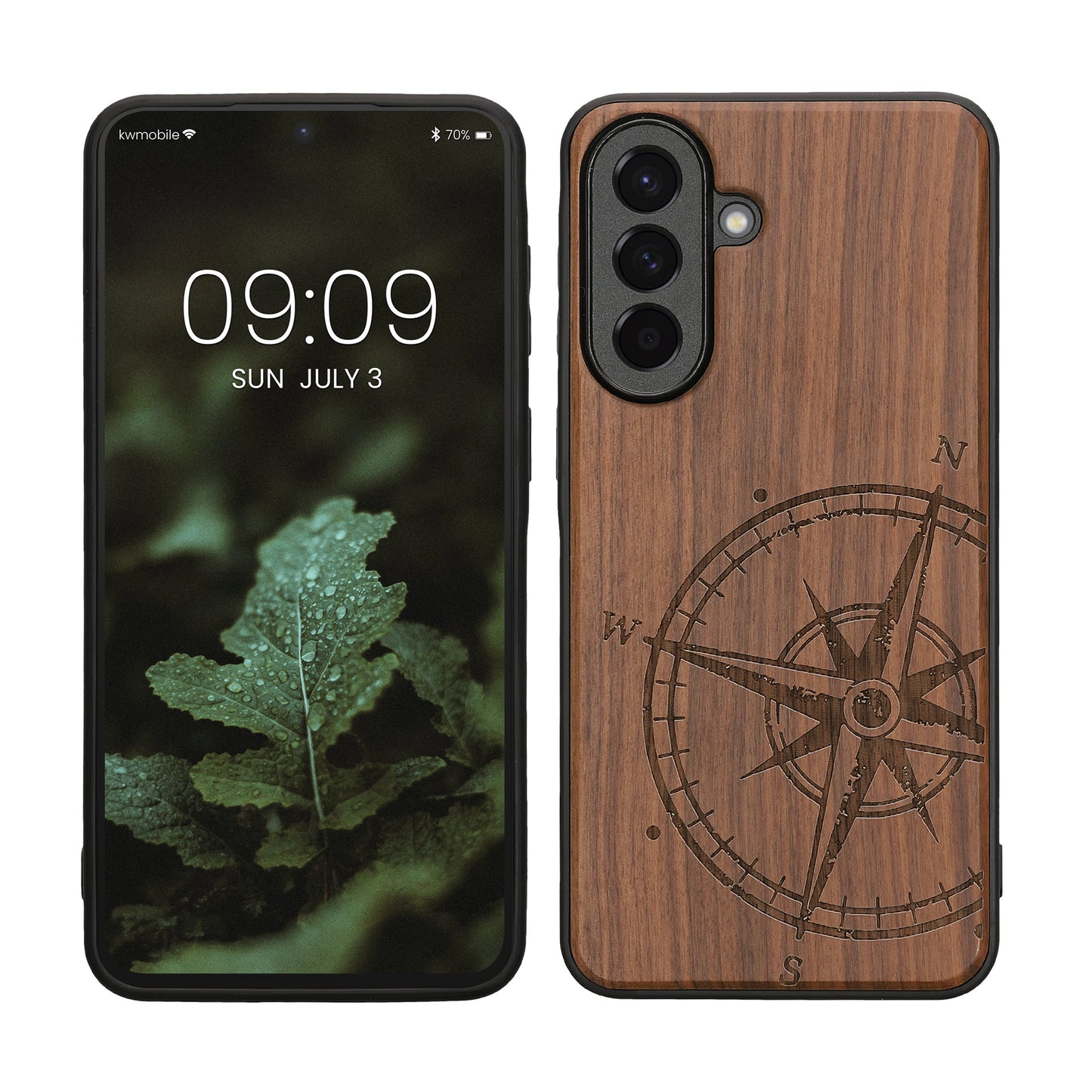 kwmobile Hülle kompatibel mit Samsung Galaxy A57 5G Hülle - Holz Case - Handy Cover - TPU Handyhülle in Dunkelbraun Kompass Vintage Dunkelbraun  [dsg01]