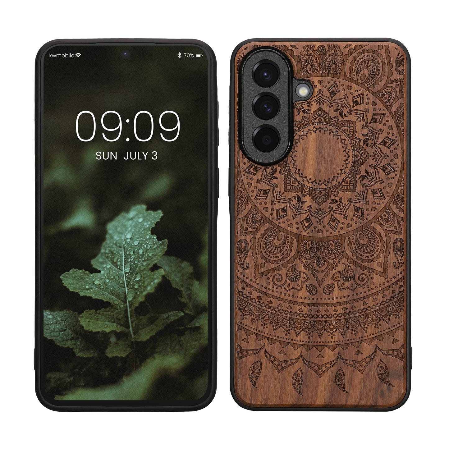 kwmobile Hülle kompatibel mit Samsung Galaxy A57 5G Hülle - Holz Case - Handy Cover - TPU Handyhülle in Dunkelbraun Indische Sonne Dunkelbraun  [dsg02]