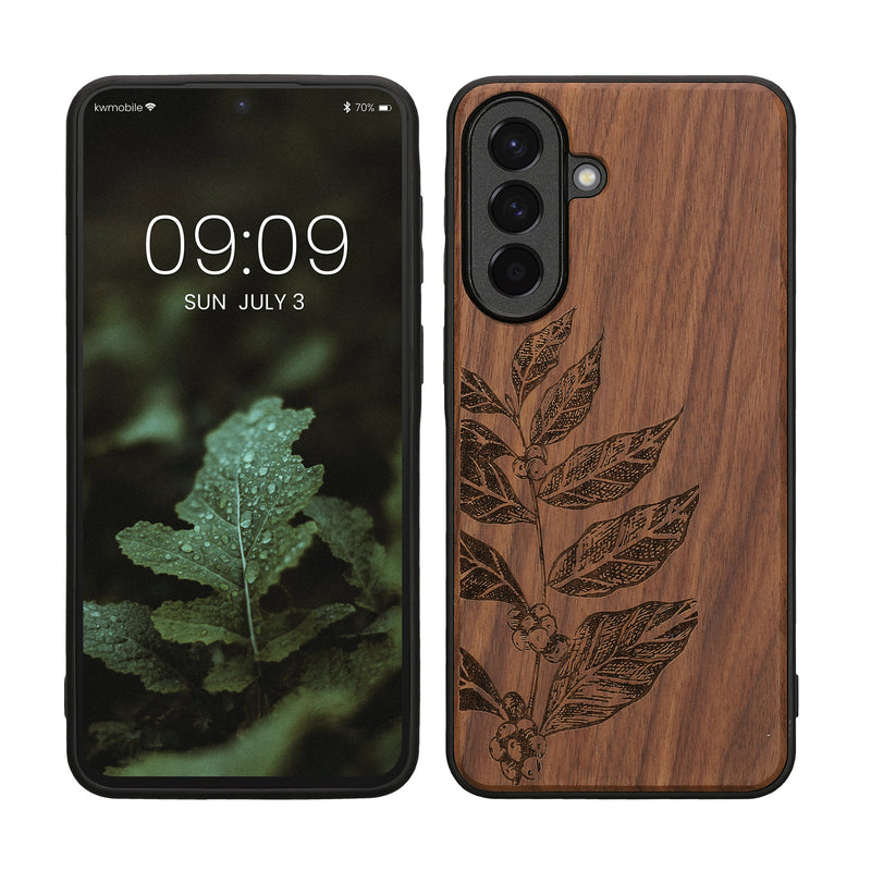 kwmobile Hülle kompatibel mit Samsung Galaxy A57 5G Hülle - Holz Case - Handy Cover - TPU Handyhülle in Dunkelbraun Blätterzweig Dunkelbraun  [dsg03]