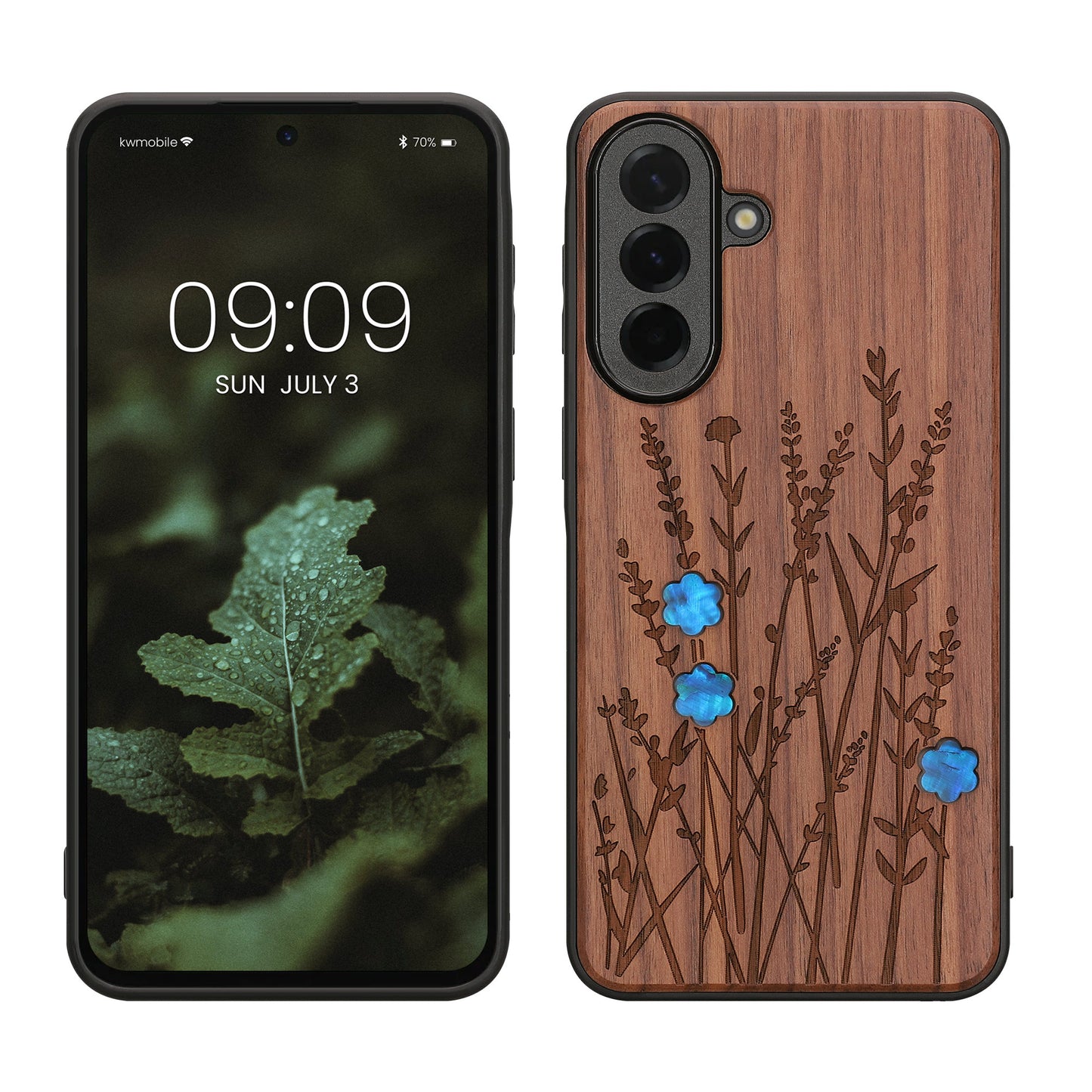 kwmobile Hülle kompatibel mit Samsung Galaxy A57 5G Hülle - Holz Case - Handy Cover - TPU Handyhülle in Dunkelbraun Perlmutt-Lavendel Dunkelbraun  [dsg04]