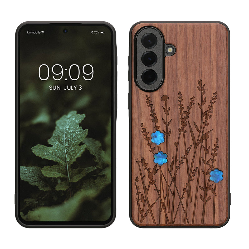 kwmobile Hülle kompatibel mit Samsung Galaxy A57 5G Hülle - Holz Case - Handy Cover - TPU Handyhülle in Dunkelbraun Perlmutt-Lavendel Dunkelbraun  [dsg04]