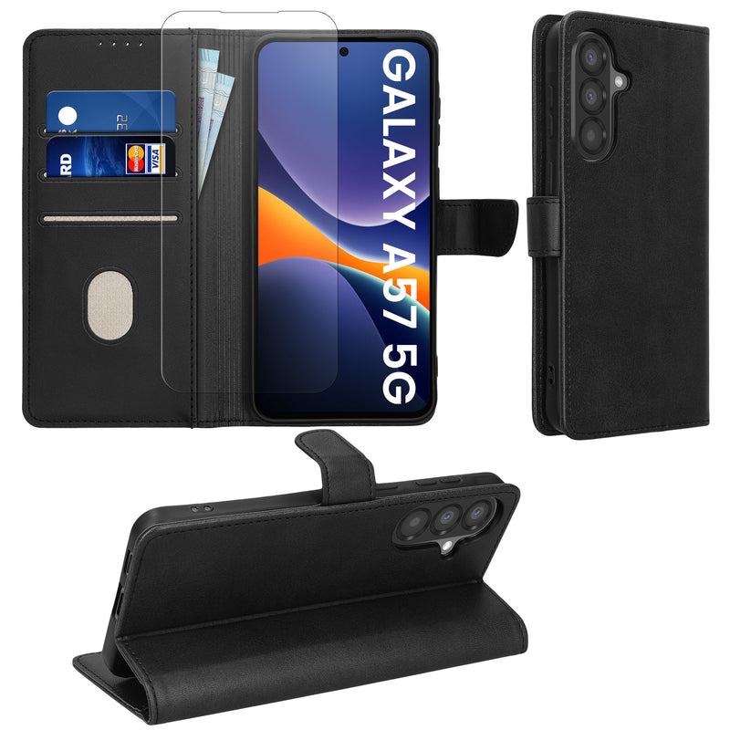 kwmobile Faux Leather Phone Case Compatible with Samsung Galaxy A57 5G Case - PU Leather Wallet Protective Cover with Screen Protector and RFID Protection