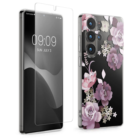 kwmobile Hülle kompatibel mit Samsung Galaxy S26 Ultra Handyhülle - Silikon Case transparent - Mit Glas Schutzfolie - Blumenblüten und Rosen Pastelllila Transparent Pastelllila  [dsg01]