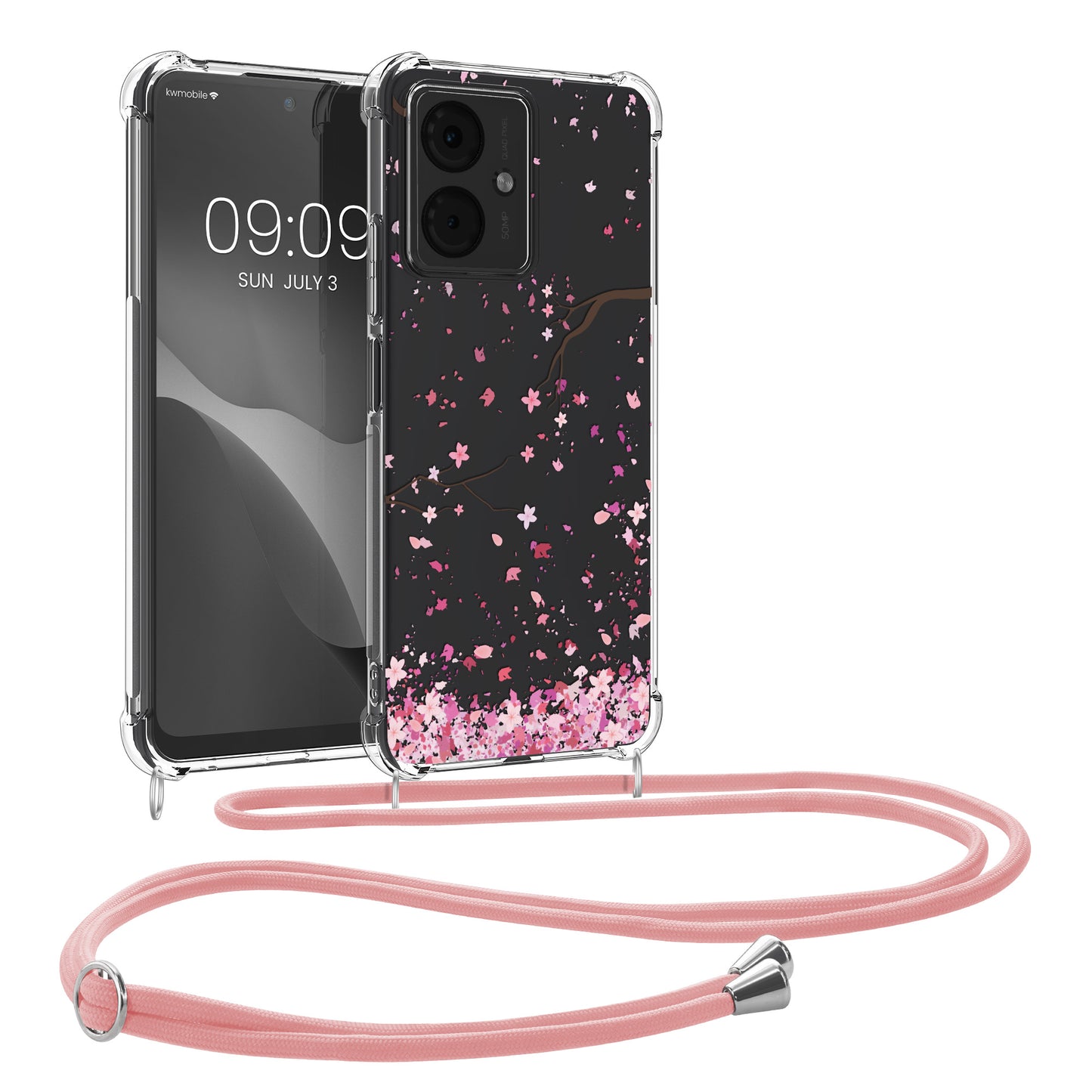 kwmobile Necklace Case kompatibel mit Motorola Moto G14 Hülle - Silikon Cover mit Handykette - Rosa Dunkelbraun Transparent Kirschblütenblätter Rosa  [dsg01]