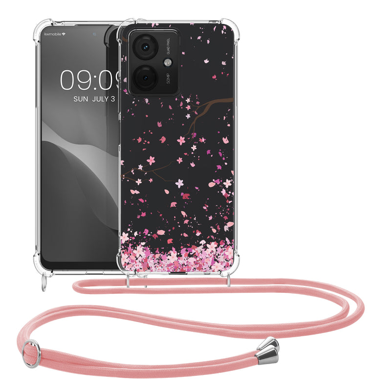 kwmobile Necklace Case compatible with Motorola Moto G14 Silicone Cover with Lanyard Cherry Blossom Petals