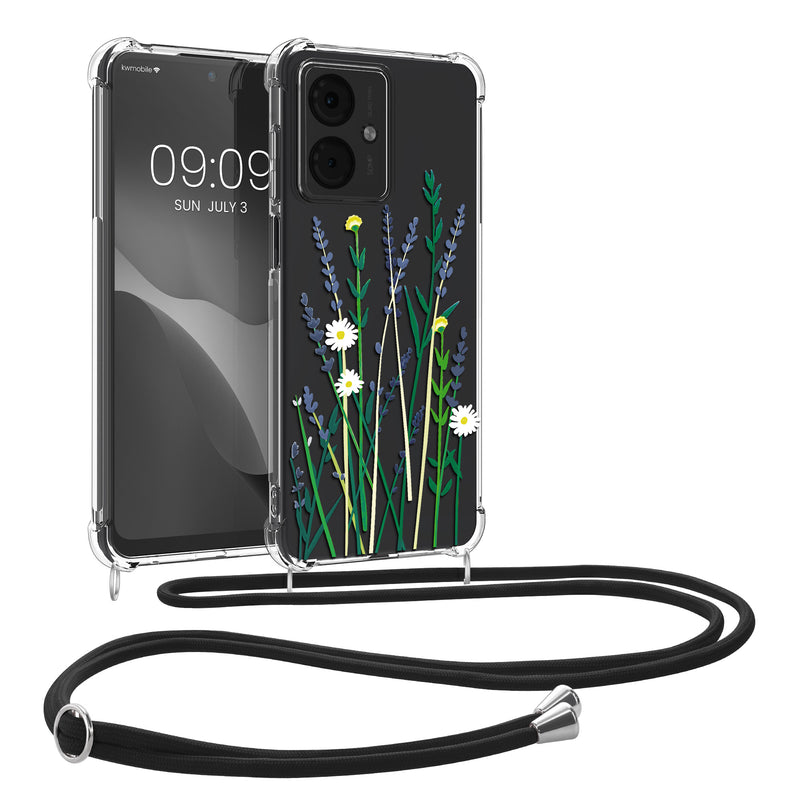 kwmobile Necklace Case kompatibel mit Motorola Moto G14 Hülle - Silikon Cover mit Handykette - Lavendel Grün Transparent Blumenhalme Lavendel Lavendel  [dsg02]