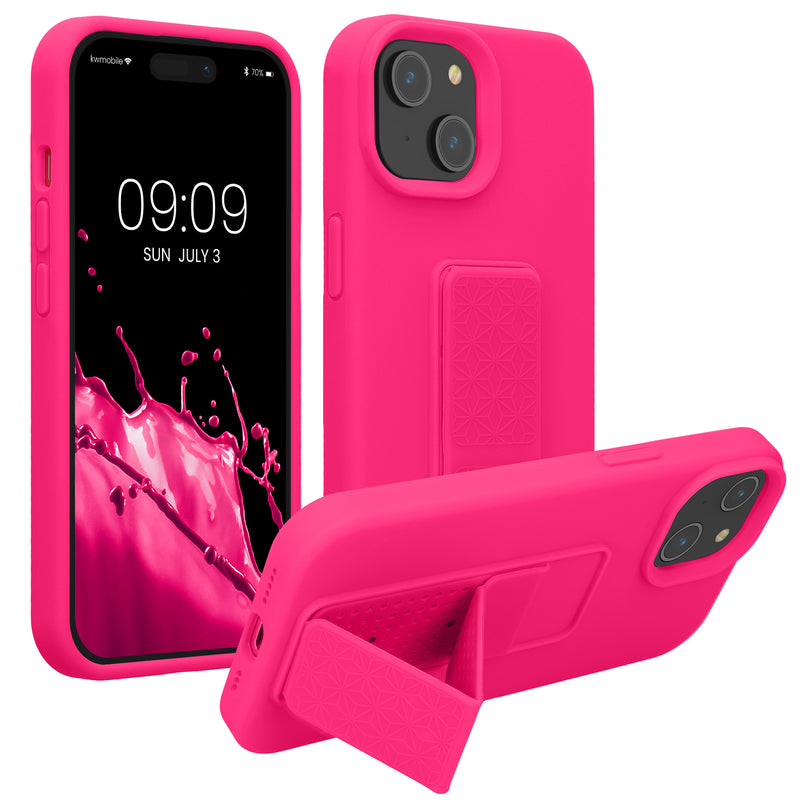 kwmobile Handyhülle kompatibel mit iPhone 15 - Hülle mit Fingerhalter und Standfunktion - Silikon Case Handy Cover in Neon Pink Neon Pink  
