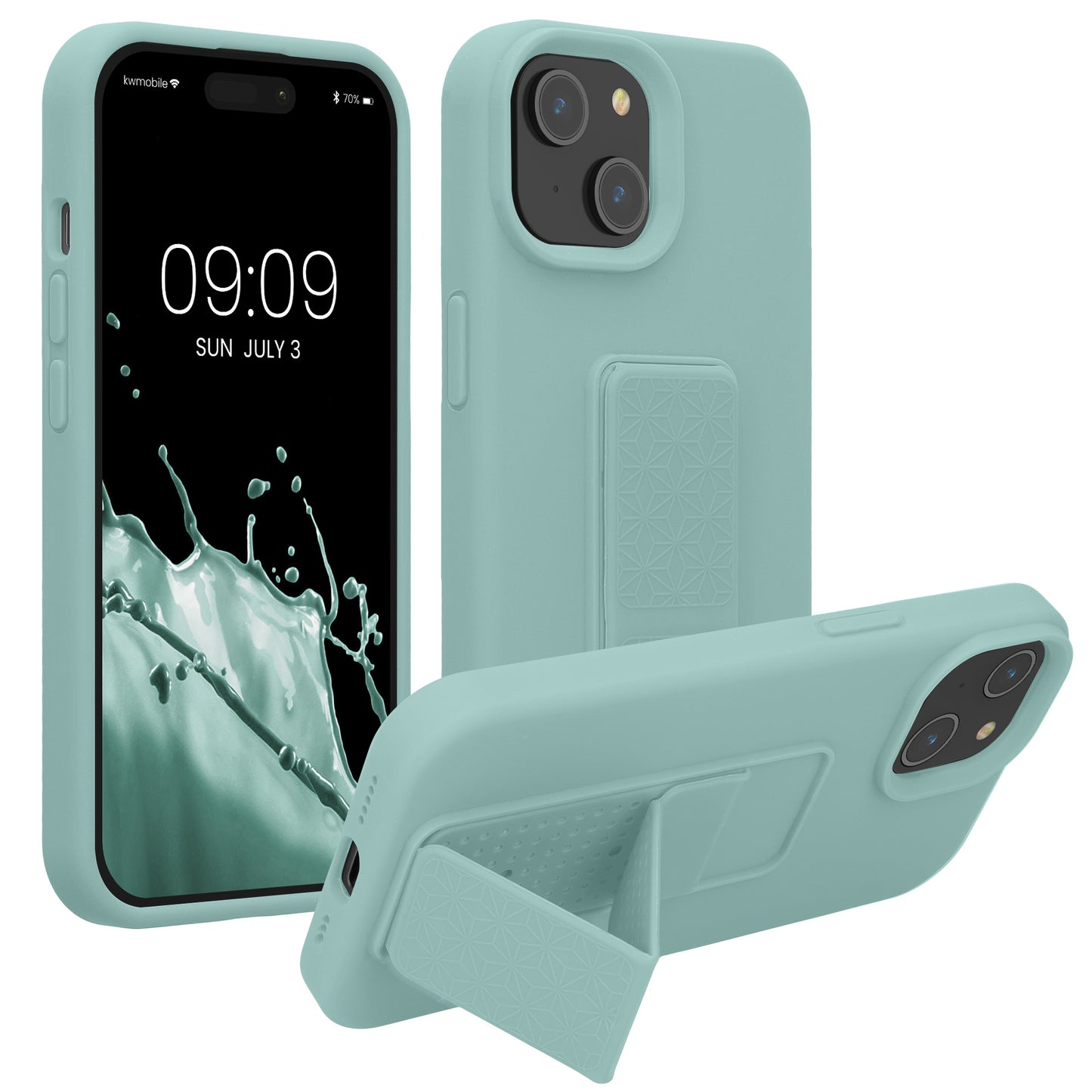 kwmobile Handyhülle kompatibel mit iPhone 15 - Hülle mit Fingerhalter und Standfunktion - Silikon Case Handy Cover in Mintgrün Mintgrün  