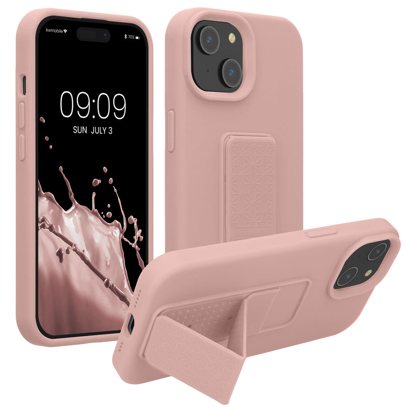 kwmobile Handyhülle kompatibel mit iPhone 15 - Hülle mit Fingerhalter und Standfunktion - Silikon Case Handy Cover in Altrosa Altrosa  