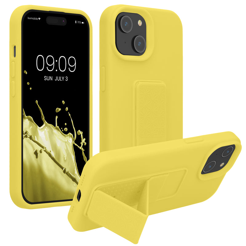 kwmobile Handyhülle kompatibel mit iPhone 15 - Hülle mit Fingerhalter und Standfunktion - Silikon Case Handy Cover in Strahlend Gelb Strahlend Gelb  
