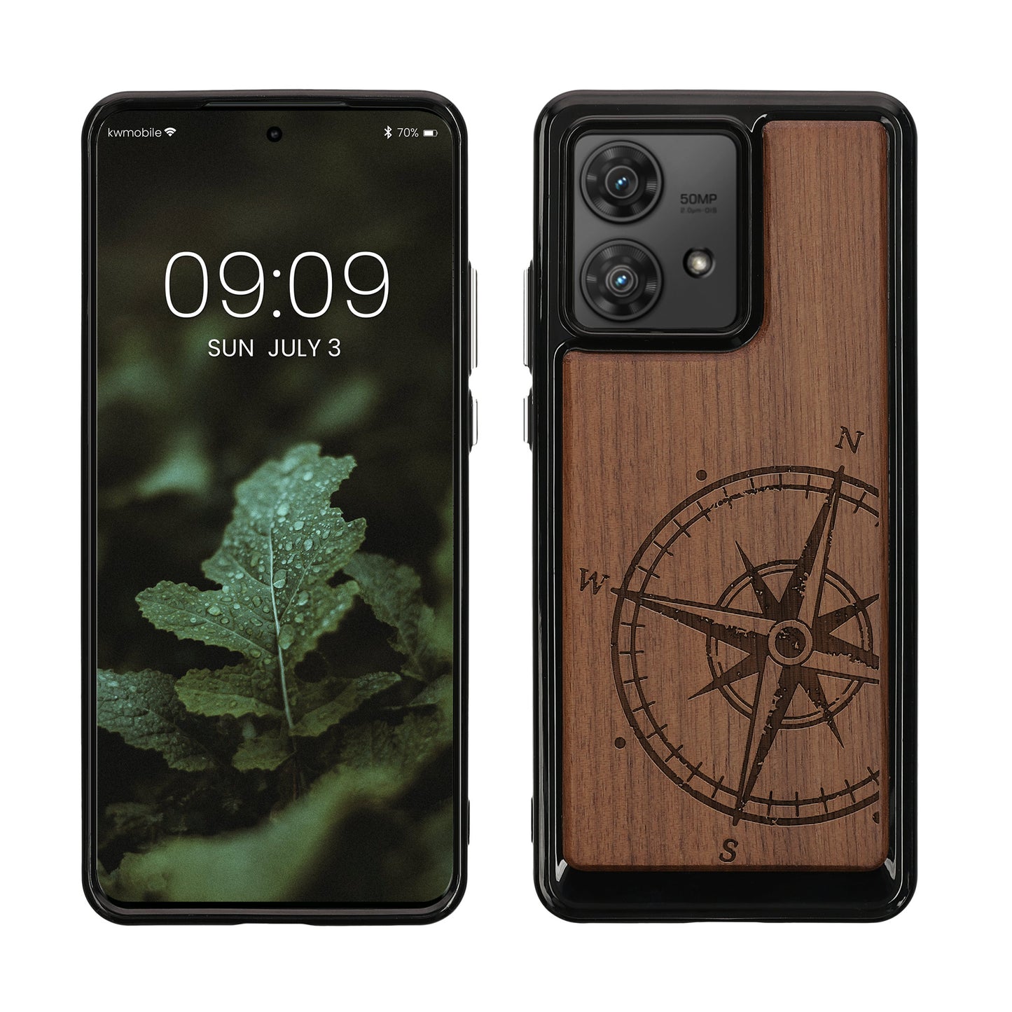kwmobile Hülle kompatibel mit Motorola Edge 40 Neo Hülle - Holz Case - Handy Cover - TPU Handyhülle in Dunkelbraun Kompass Vintage Dunkelbraun  [dsg01]