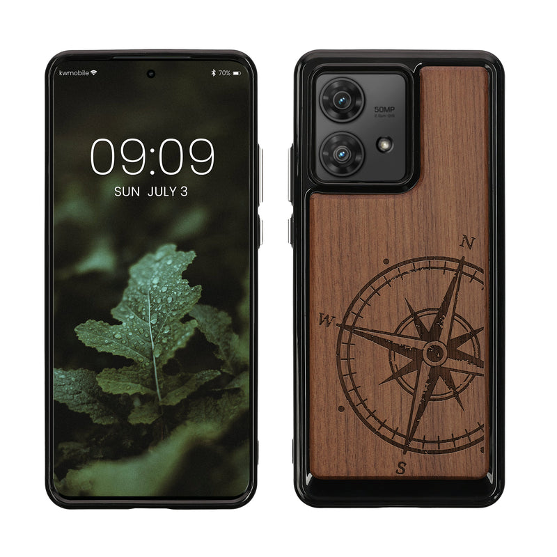 kwmobile Hülle kompatibel mit Motorola Edge 40 Neo Hülle - Holz Case - Handy Cover - TPU Handyhülle in Dunkelbraun Kompass Vintage Dunkelbraun  [dsg01]