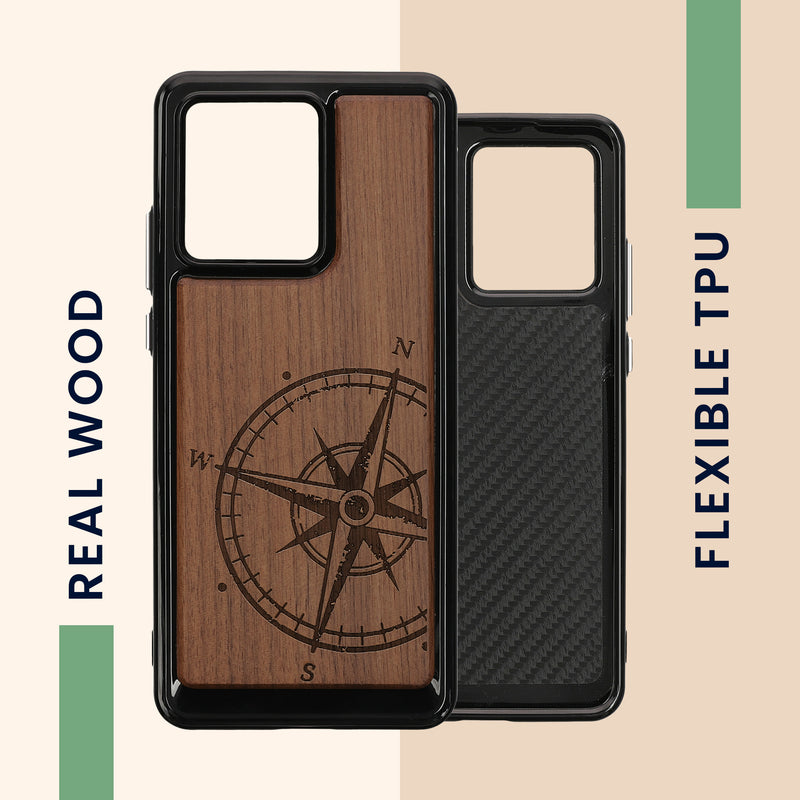 Wooden Hard Case with TPU Bumper for Motorola Edge 40 Neo Compass Vintage