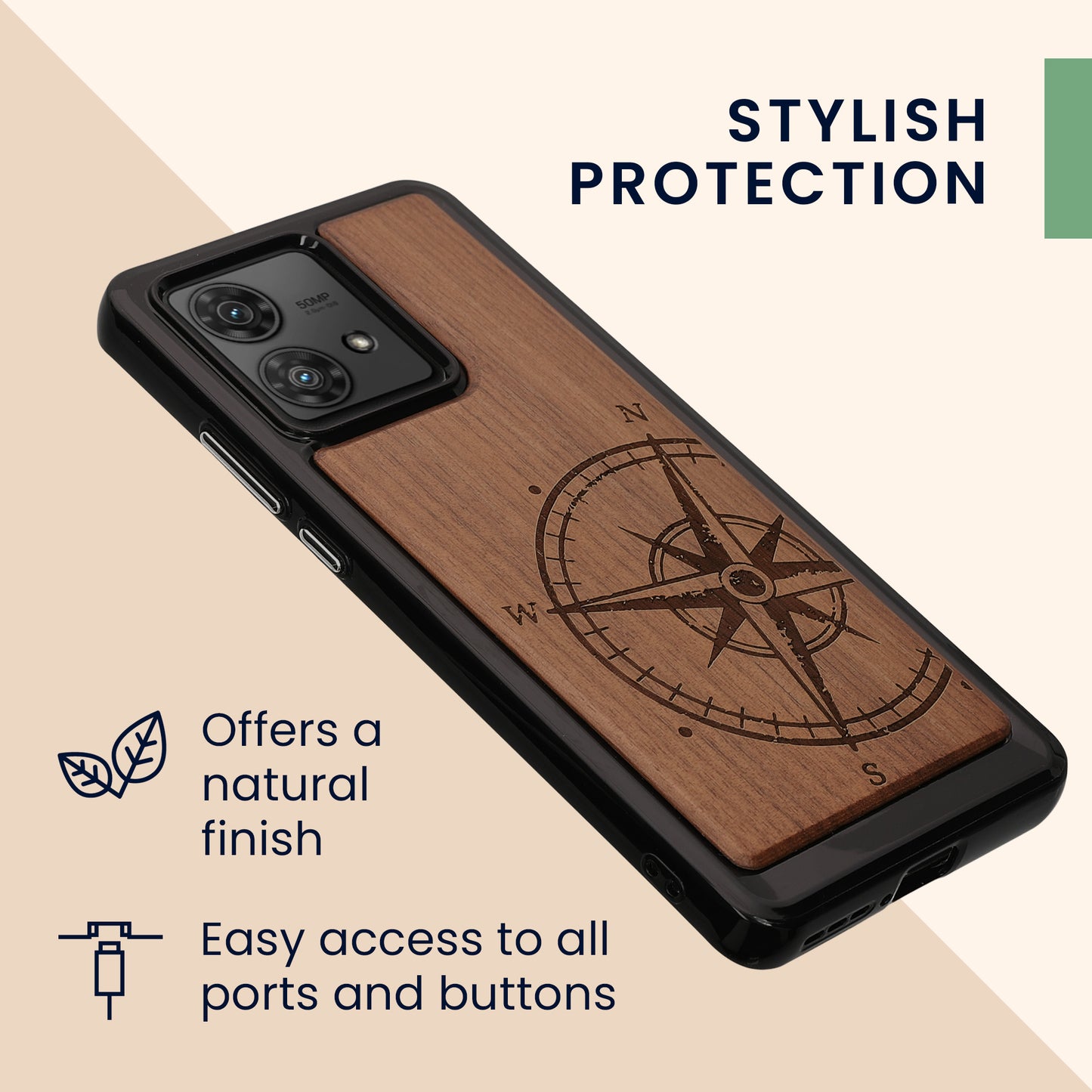 Wooden Hard Case with TPU Bumper for Motorola Edge 40 Neo Compass Vintage