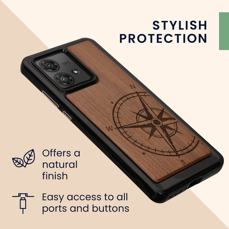 Wooden Hard Case with TPU Bumper for Motorola Edge 40 Neo Compass Vintage