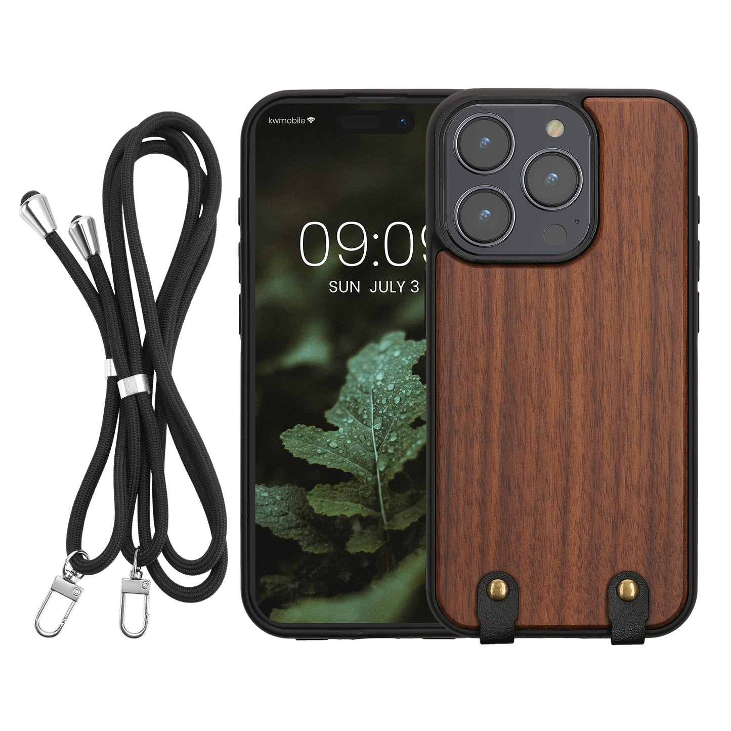kwmobile Necklace Case kompatibel mit Apple iPhone 15 Pro Hülle - Holz TPU Cover mit Handykette - Band Handyhülle Dunkelbraun Dunkelbraun  