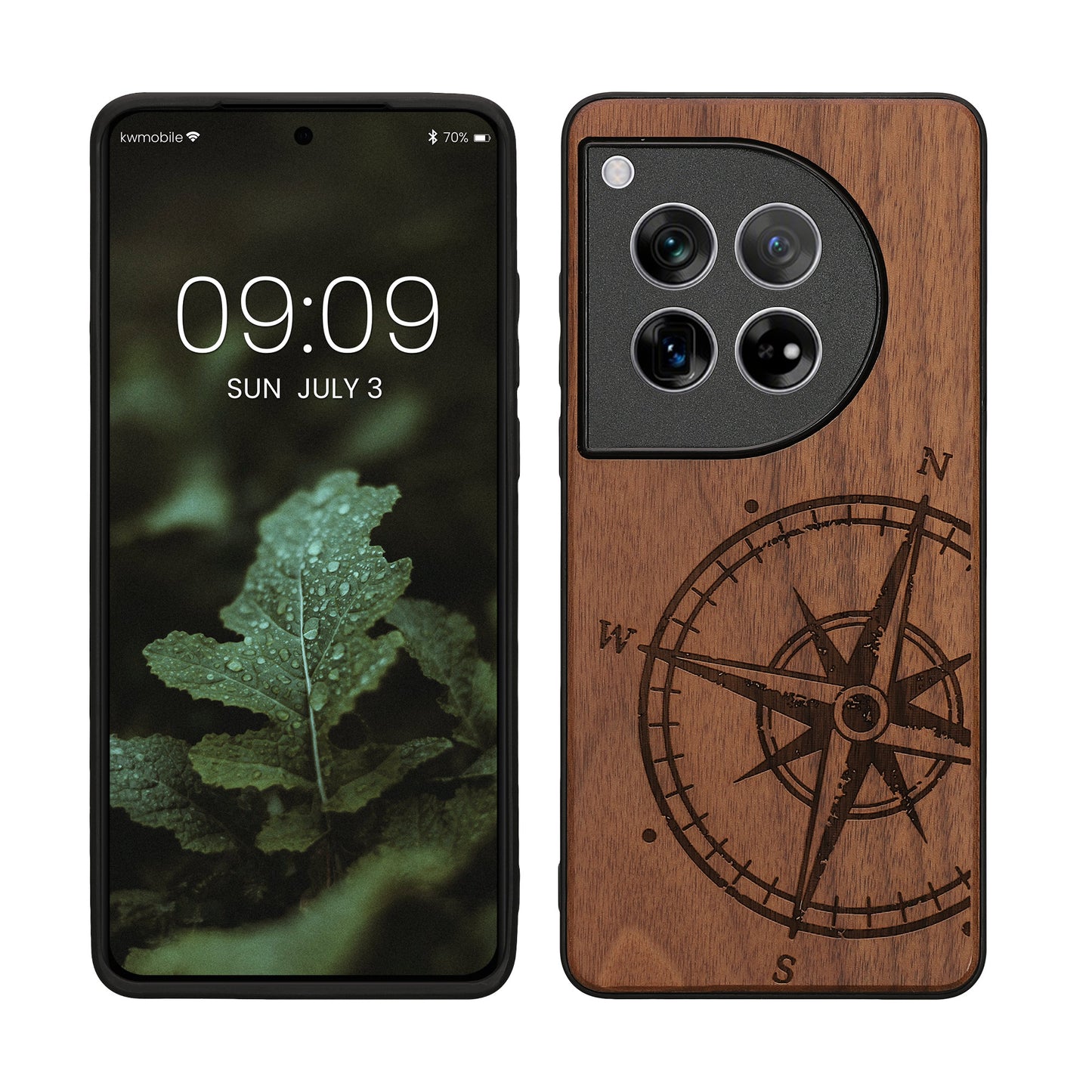 kwmobile Hülle kompatibel mit OnePlus 12 Hülle - Holz Case - Handy Cover - TPU Handyhülle in Dunkelbraun Kompass Vintage Dunkelbraun  [dsg01]
