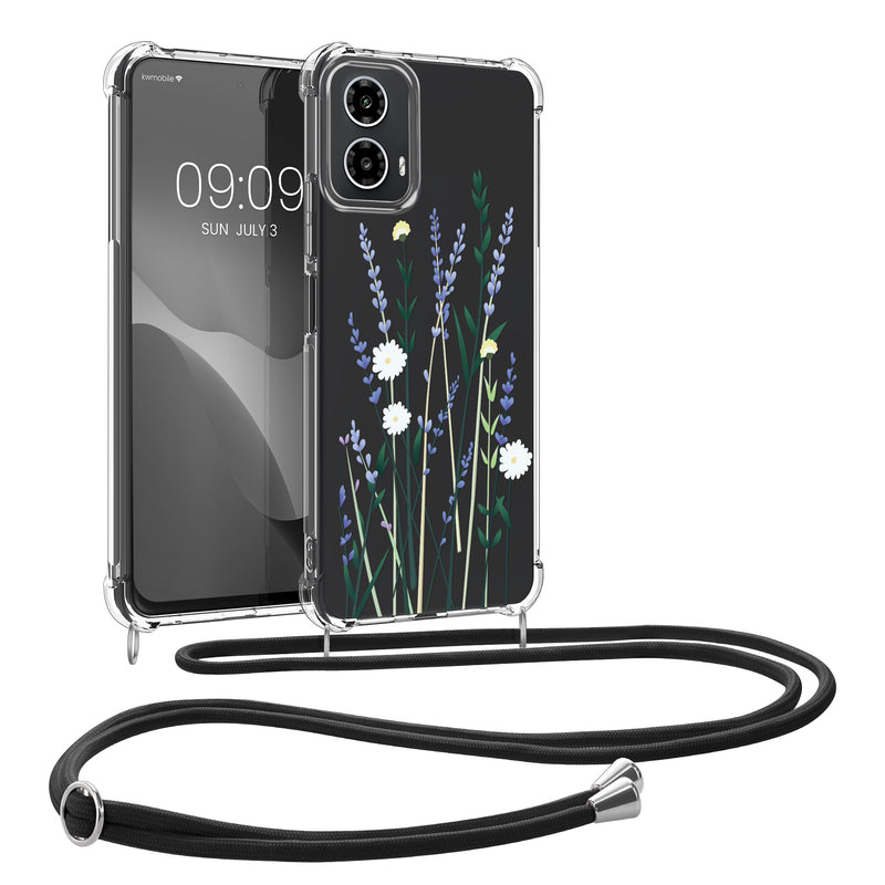 kwmobile Necklace Case kompatibel mit Motorola Moto G34 5G Hülle - Silikon Cover mit Handykette - Lavendel Grün Transparent Blumenhalme Lavendel Lavendel  [dsg02]