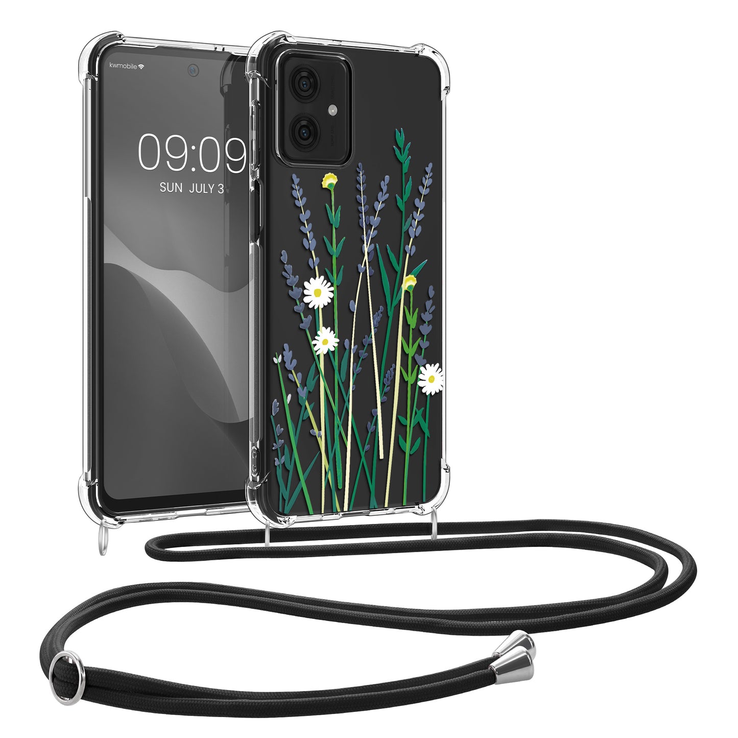 kwmobile Necklace Case kompatibel mit Motorola Moto G54 5G Hülle - Silikon Cover mit Handykette - Lavendel Grün Transparent Blumenhalme Lavendel Lavendel  [dsg02]