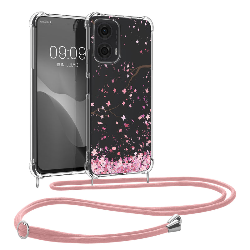 kwmobile Necklace Case kompatibel mit Motorola Moto G24 / E14 / G04 / G04s Hülle - Silikon Cover mit Handykette - Rosa Dunkelbraun Transparent Kirschblütenblätter Rosa  [dsg01]