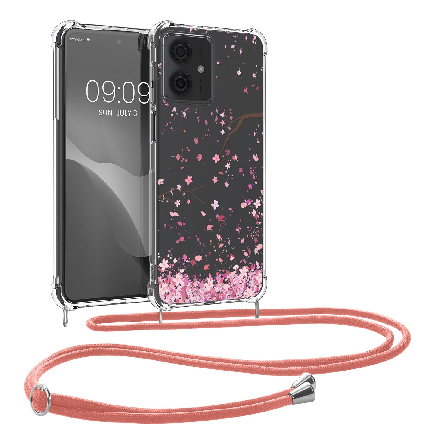 kwmobile Necklace Case kompatibel mit Motorola Moto G64 5G Hülle - Silikon Cover mit Handykette - Rosa Dunkelbraun Transparent Kirschblütenblätter Rosa  [dsg01]