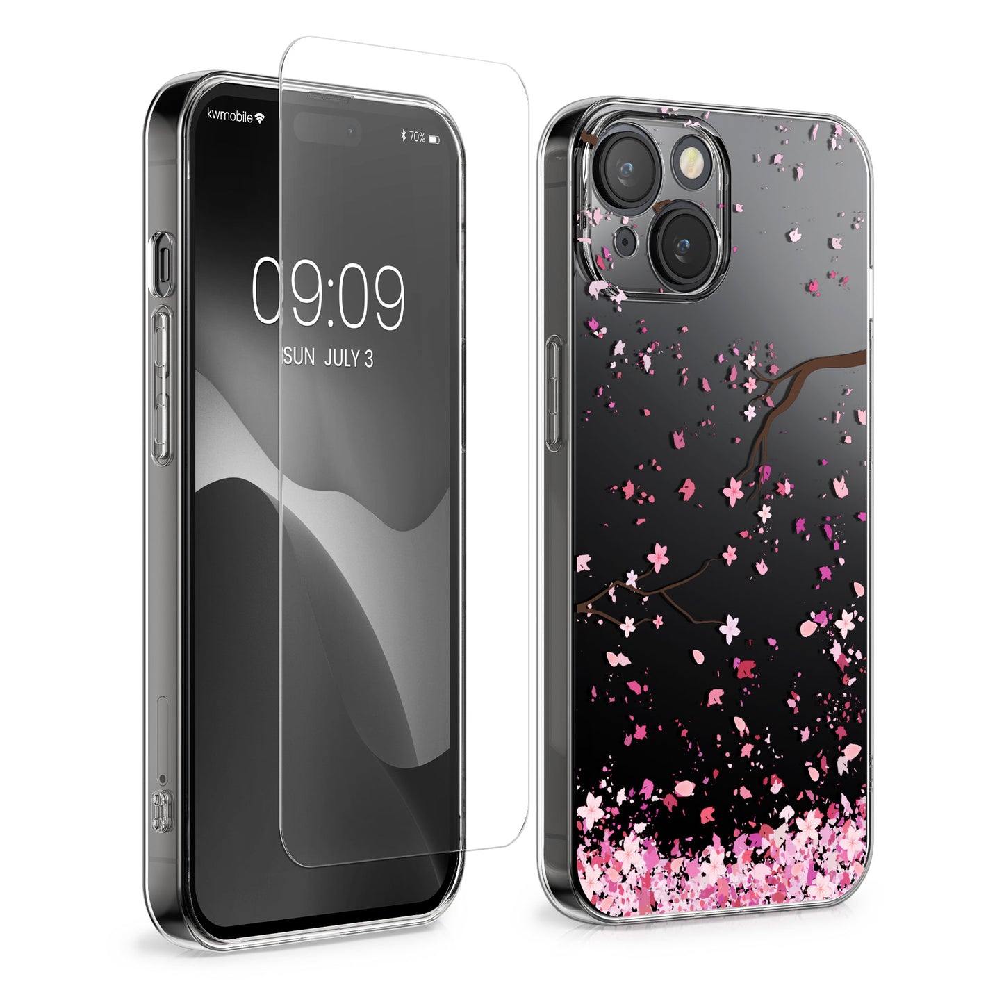 kwmobile Hülle kompatibel mit Apple iPhone 15 Handyhülle - Silikon Case transparent - Mit Glas Schutzfolie - Kirschblütenblätter Rosa Dunkelbraun Transparent Rosa  [dsg01]