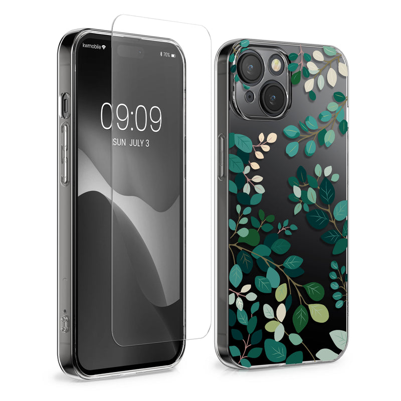 kwmobile Hülle kompatibel mit Apple iPhone 15 Handyhülle - Silikon Case transparent - Mit Glas Schutzfolie - Frühlingsblätter Grün Transparent Grün  [dsg02]