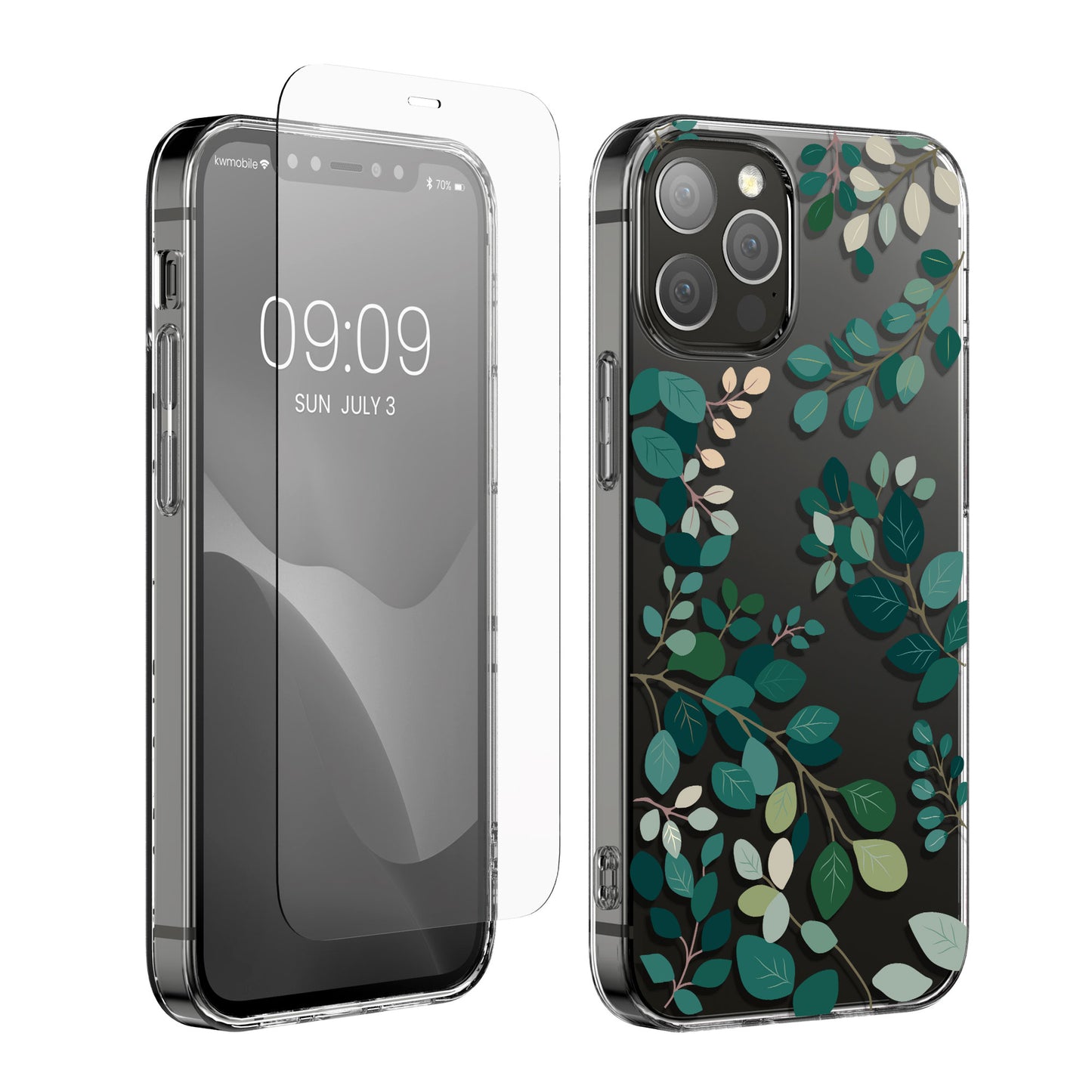 kwmobile Hülle kompatibel mit Apple iPhone 12 / iPhone 12 Pro Handyhülle - Silikon Case transparent - Mit Glas Schutzfolie - Frühlingsblätter Grün Transparent Grün  [dsg02]