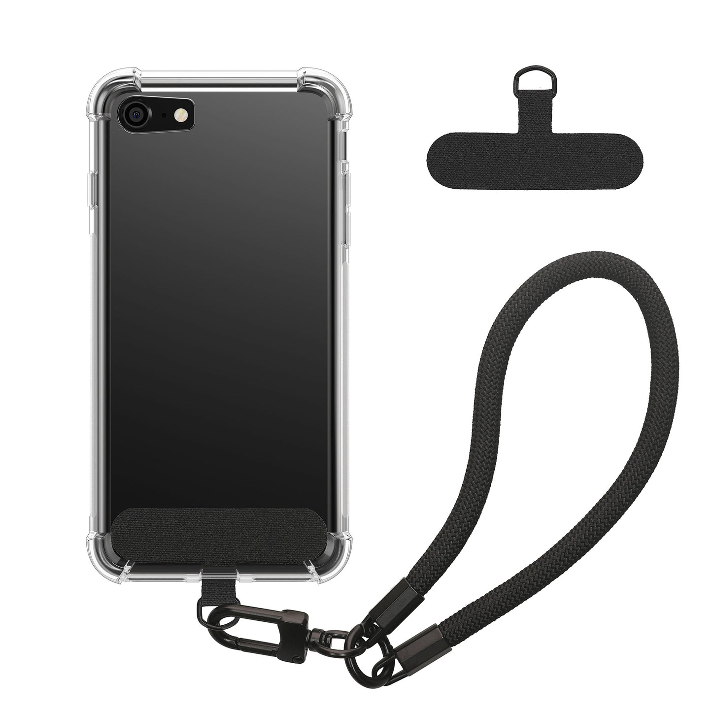 kwmobile Handy TPU Case kompatibel mit Apple iPhone SE (2022 / 2020) / iPhone 8 / 7 Hülle - Kristallklare Schutzhülle mit Kantenschutz und abnehmbarem Armband inkl. 2 Pads - Transparent Schwarz Transparent  